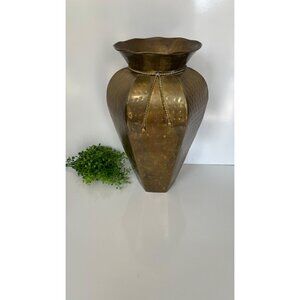 Handmade Hammered Brass Vase With Rope Detail 16" Tall Wide Flared Rim Hexagonal